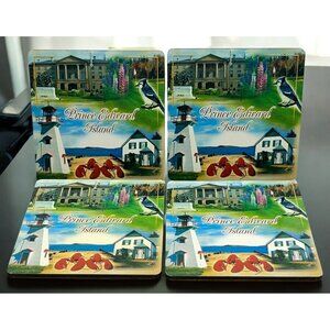 Prince Edward Island Themed Coasters Set of 4 Square Beach Lighthouse Lobster